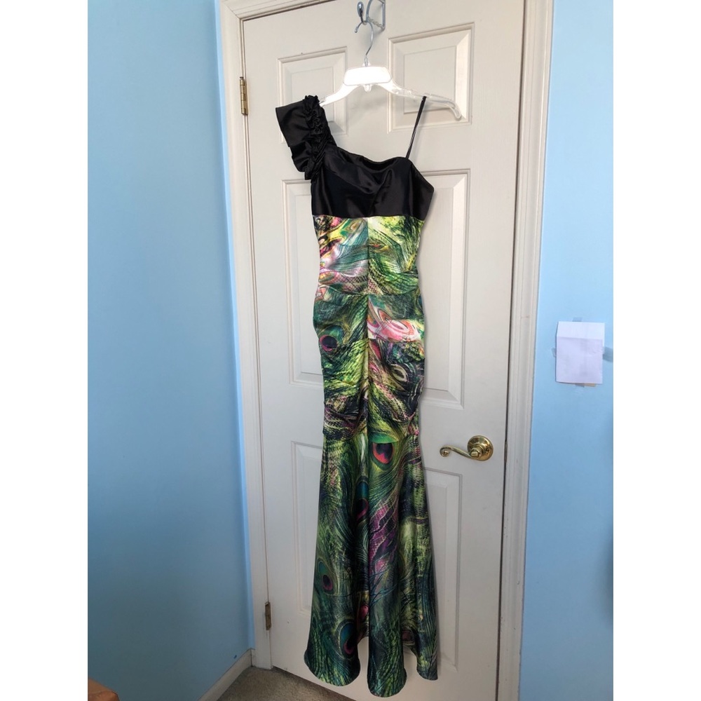 Unique Peacock Printed Prom Dress, One Shoulder